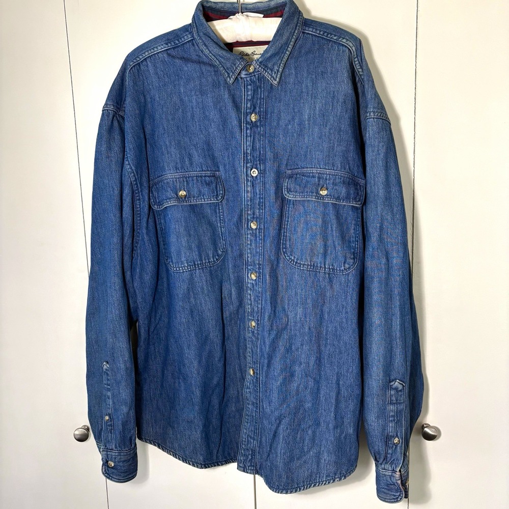 Vtg 90s Eddie Bauer Mens L Denim Shirt Made in USA Flannel Lined Blue Button Up